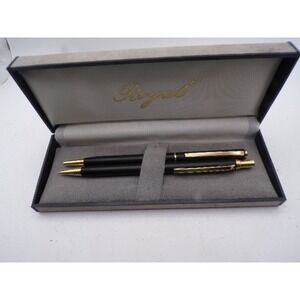 Royal Pen and Mechanical Pencil Set Matte Black Gold Tone Trim with Grey Box